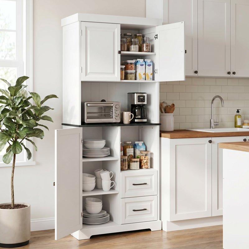 71" Tall Freestanding Kitchen Pantry Cabinet with Microwave Stand, 2 Drawers, Adjustable Shelves, Magnetic Doors & Anti-Tip Safety Design
