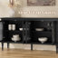 Buffet 4 portes de 147 cm (58 po) avec portes vitrées et pieds en bois massif, noir-1738492432