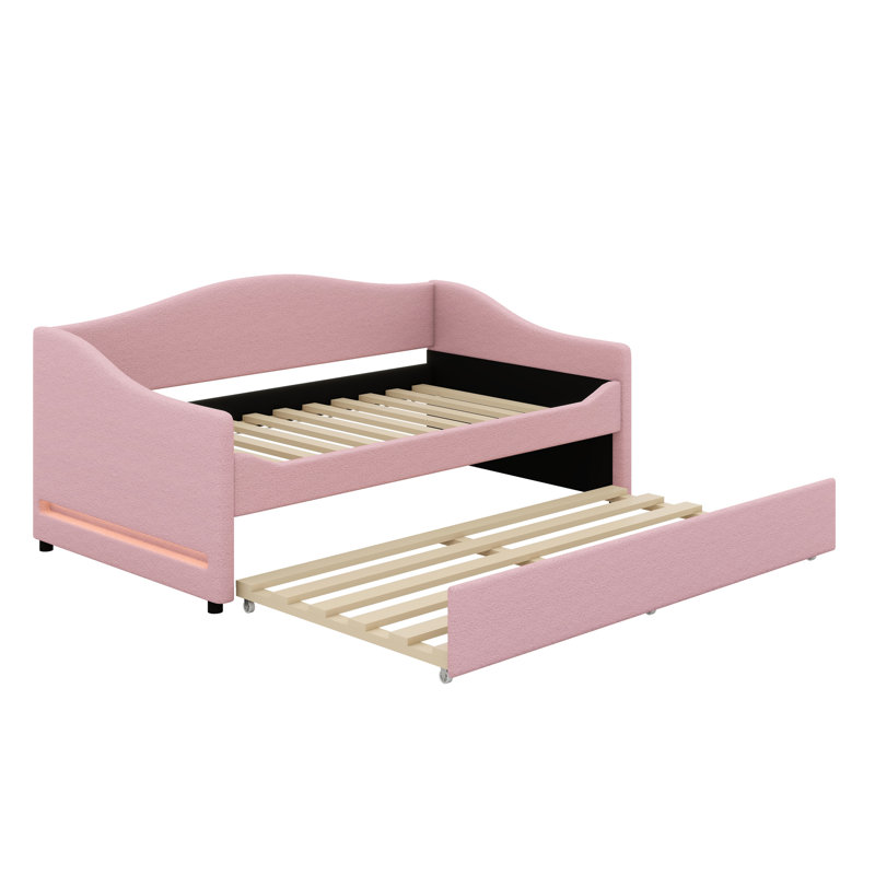 Upholstered Daybed With Light And Trundle, Pink
