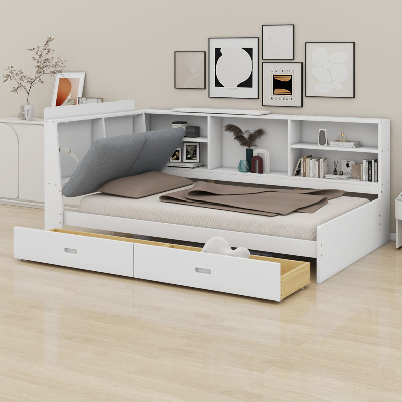 Lit plateforme en bois avec tablettes et 2 tiroirs, tête de lit avec rangement, Blanc