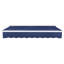 Blue retractable patio awning with a white frame and scalloped valance.