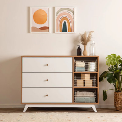 dadada Central Park 3-Drawer Dresser with Open Shelving - Modern Design, Baby-Safe Finish, Forged Steel Support, Sturdy Wood Legs, for Nursery, Kids or Teen Room, 47” Wide (White/Red Oak)