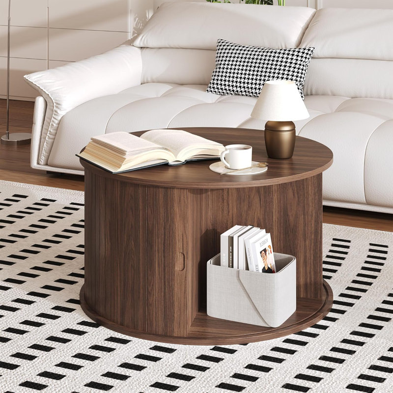 28 in Round Coffee Table with Storage, Mid-Century Modern Fluted Coffee Table with Sliding Tambour Door, Brown