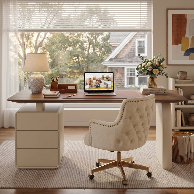 Modern Wood Writing Desk with Storage Drawers, 62.99'' Large Home Office Desk with Built-in 3 Drawer Cabinet