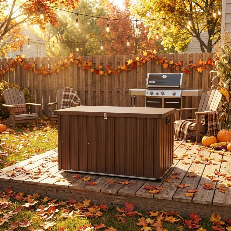 150 Outdoor Metal Storage Box Gallon for Patio, Large Metal Deck Box Waterproof with Dual Gas Struts, Rolling Wheels and Handles, Steel Deck Box for Cushions, Tools, Pool Floats, Porch and Backyard