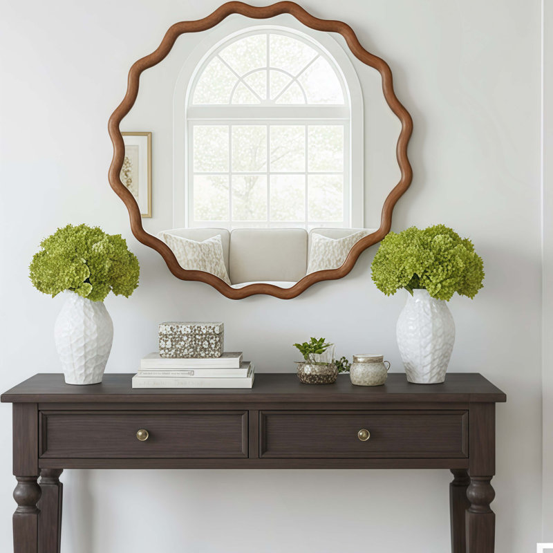 Miroir décoratif rond en bois massif 30 pouces, pour chambre à coucher, salle de bain, salon, vestibule, Yellow Brown