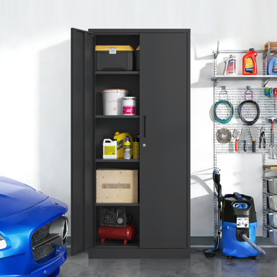 Armoire de rangement 71 po en métal avec 4 tablettes, thermolaquée noire, réglable et verrouillable pour la classe 71,14 po de hauteur, garage parfait