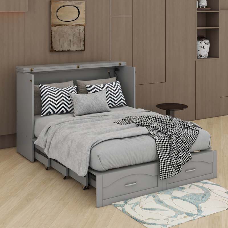 Lit escamotable double avec tiroir et un ensemble de prises et ports USB