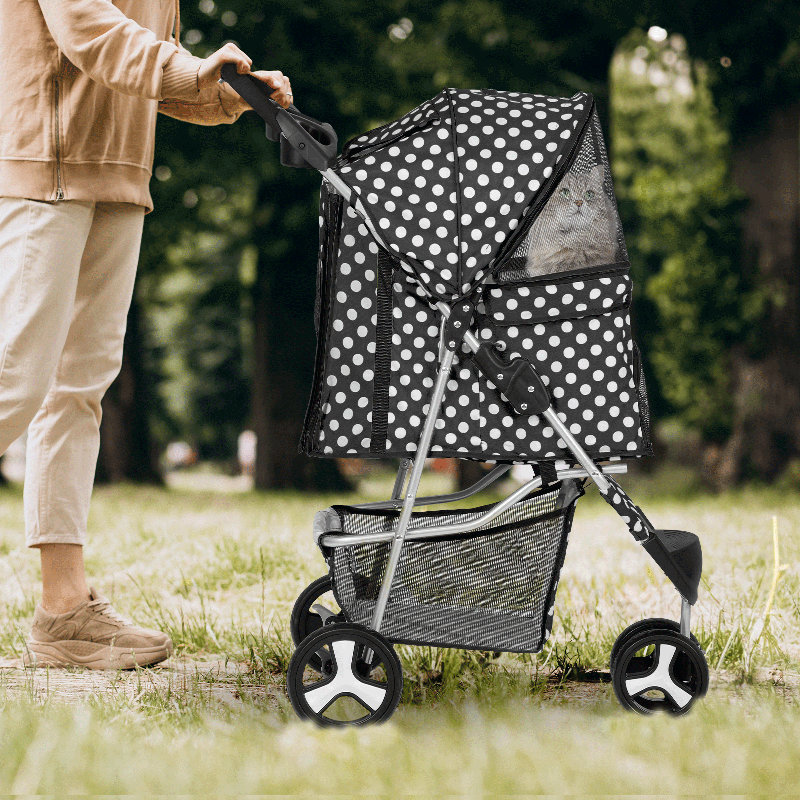 Black and White Polka Dot Foldable Dog Stroller with Storage
