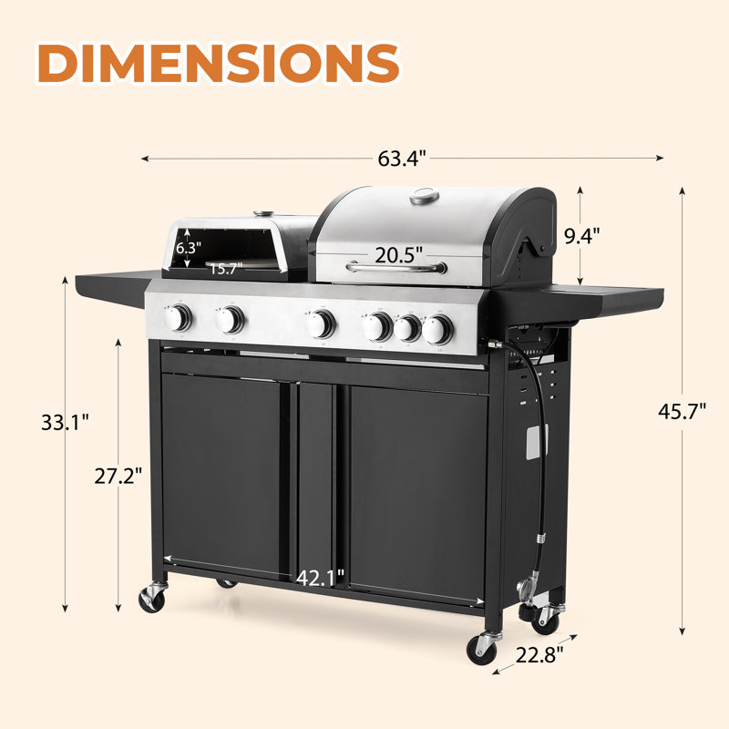 Combinaison de gril à pizza d'extérieur pour barbecue au gaz propane à 5 brûleurs avec four à pizza amovible et brûleur latéral, 74 000 BTU, 4 en 1