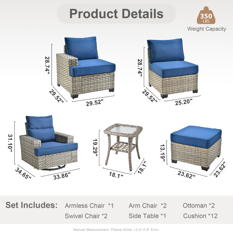 Ensemble de conversation d'extérieur en rotin pour 7 personnes avec chaises berçantes pivotantes, Marine