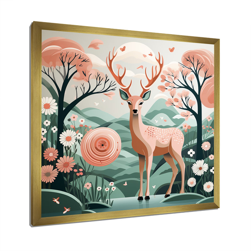 Fleur, cerf dans la faune Meadows II - art mural animal cerf, H 16 po x l 16 po x P 1 po, Encadrement doré