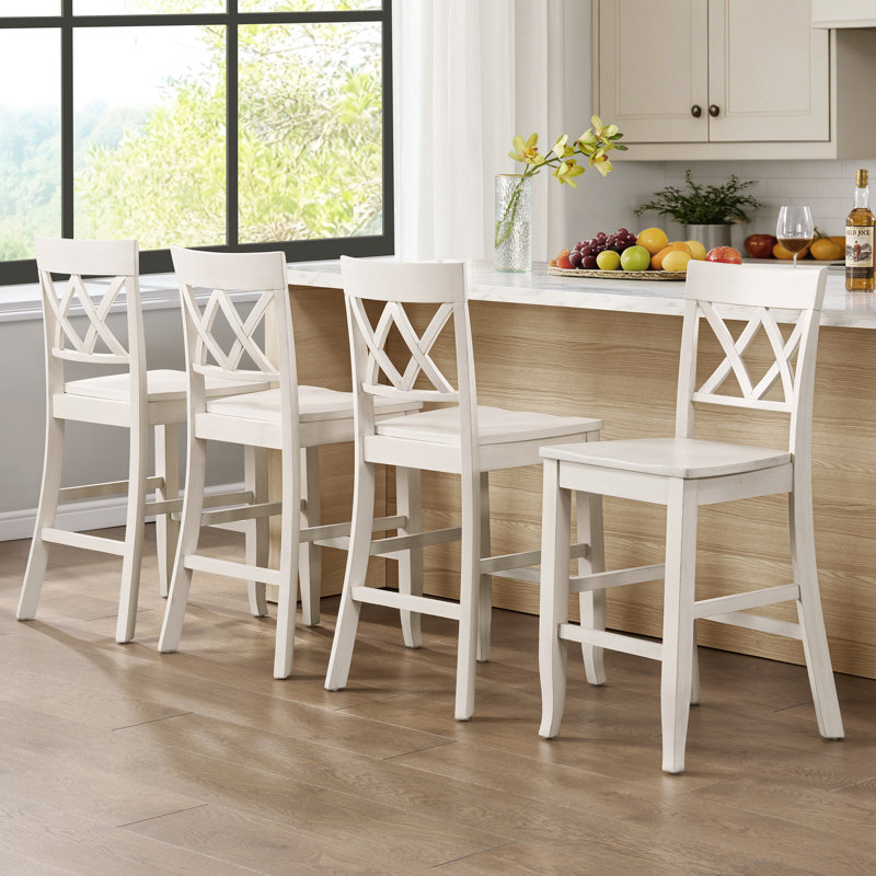 Tabouret de bar double à hauteur de comptoir en bois massif, Blanc, 4