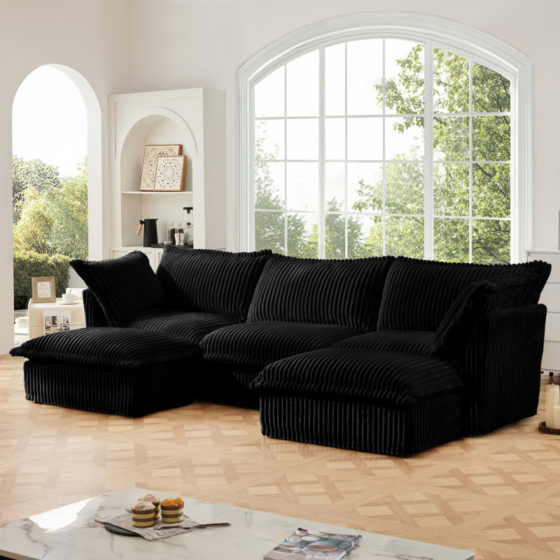Canapé, repose-pieds en chenille, 3, H 34,6 po x l 120 po x P 33 po, Velours côtelé noir