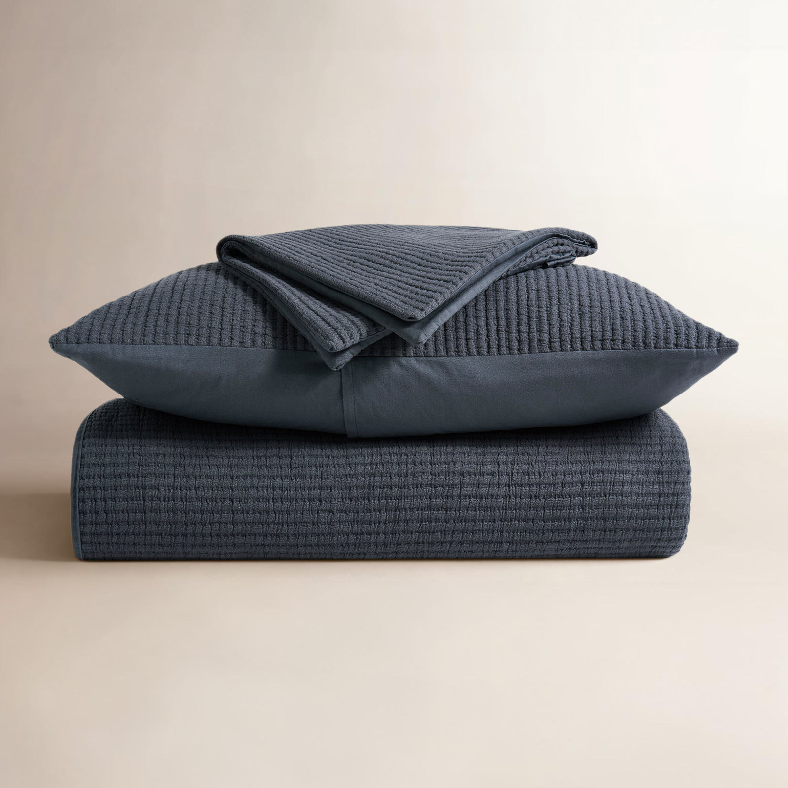 Ribbed Cotton Coverlet Set, King Quilt + 2 King Shams, Midnight Blue