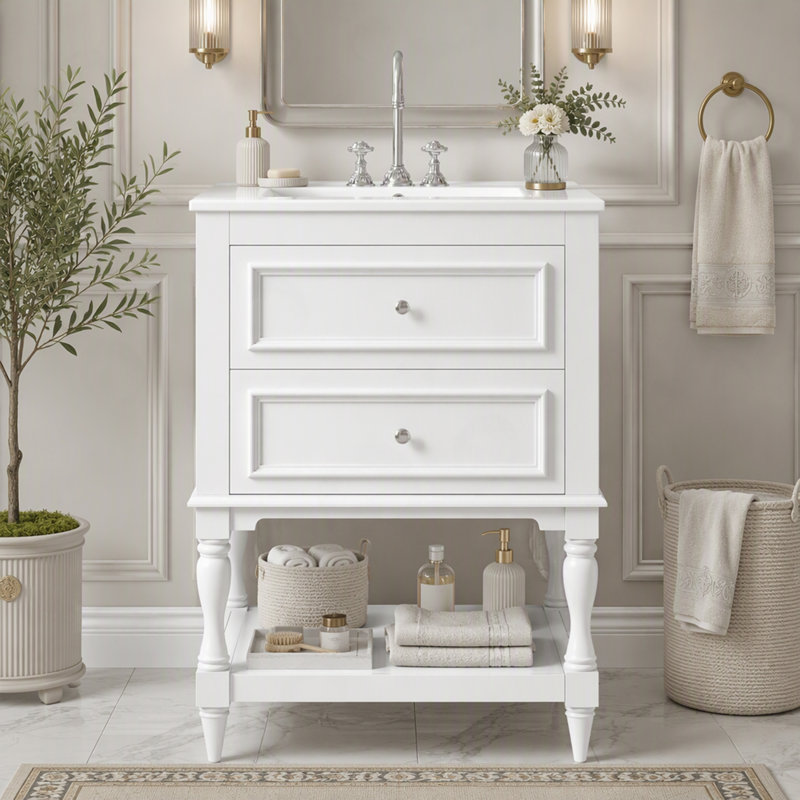 Meuble-lavabo avec lavabo en céramique et 2 tiroirs, Blanc