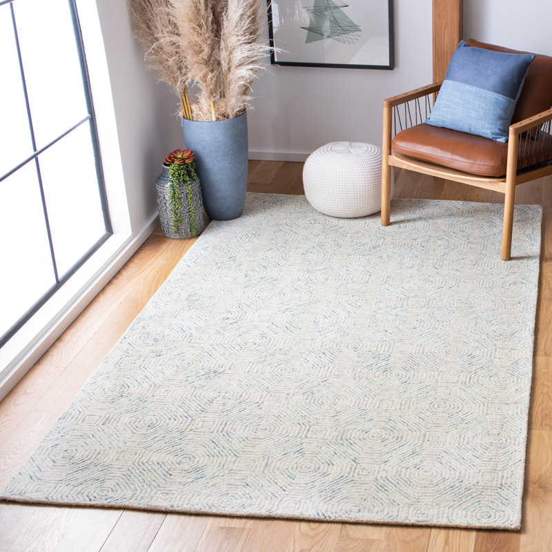 Konieczny Hand Tufted Wool/Cotton Geometric Rug in Ivory/Light Blue, Rectangle 4' x 6'
