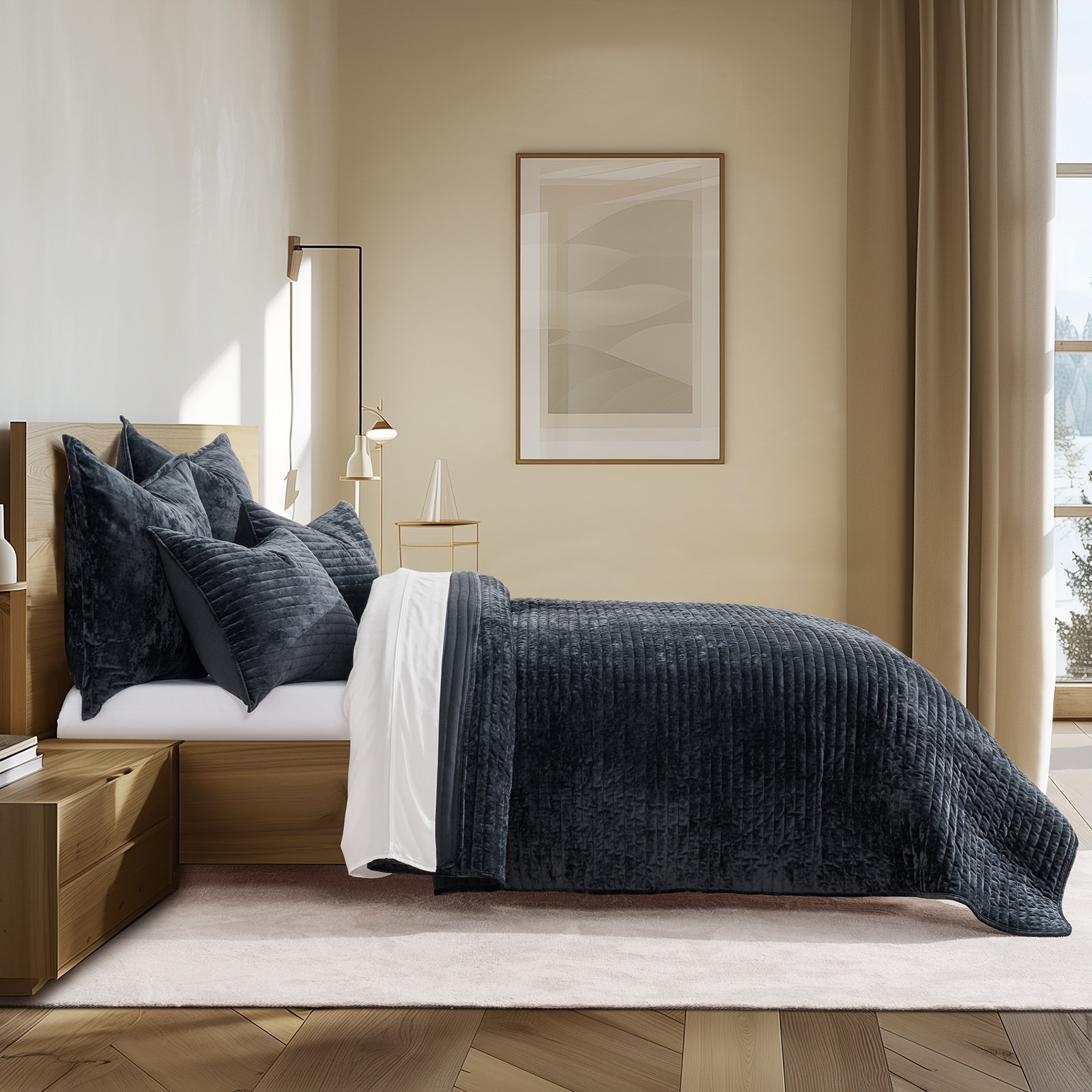 Luxe Velvet Channel Quilt Set, King, Black