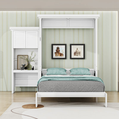 Grand lit escamotable en bois avec conception à persiennes classique et tablettes de rangement