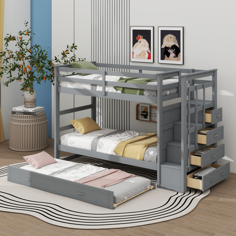 Janneli Kids Twin Over Twin Bunk Bed with Trundle with Drawers, Gray