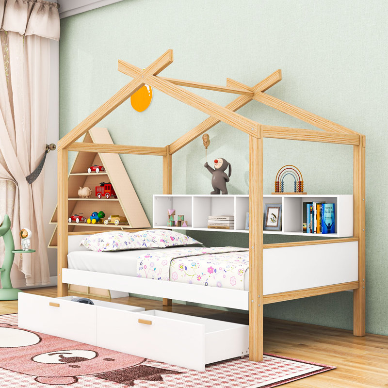 Lit en bois avec tablettes et 2 tiroirs, Twin