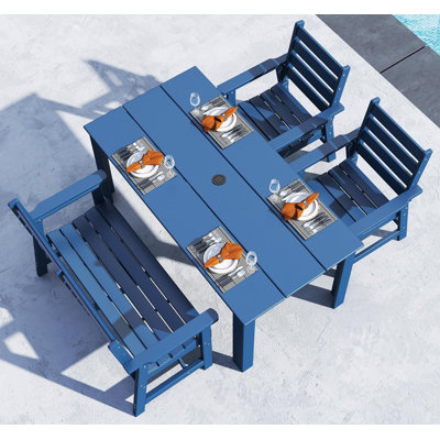 Table de patio en PEHD + chaises de salle à manger + banc