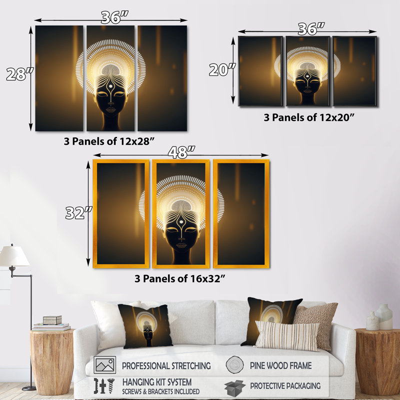 Bouddha contemporain en or et noir - 3 pièces sur toile, H 20 po x l 36 po x P 1 po, Toile avec cadre doré