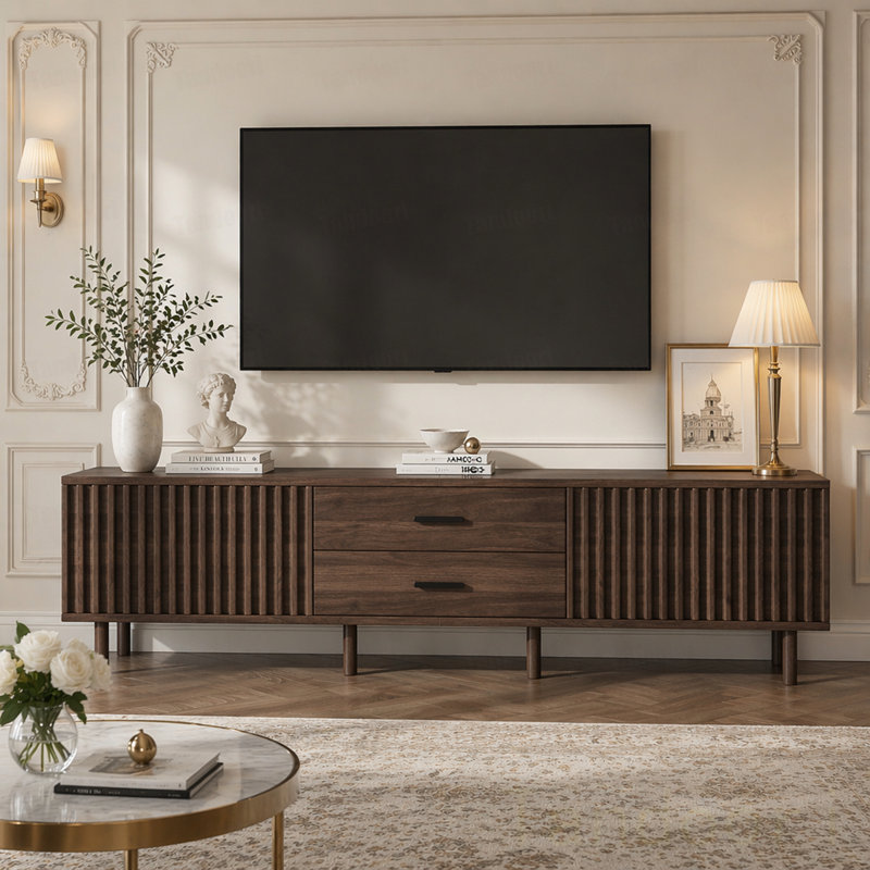 Meuble télé moderne pour téléviseur de 80 po ou moins, meuble multimédia avec rangement spacieux et pieds en bois massif