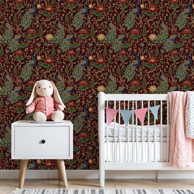 Peel and Stick Wallpaper Patterned Peacocks Lotus Flowers Burgundy Contact Paper Removable Self Adhesive Wall Mural Wall Decor for Bedroom Kitchen Cab