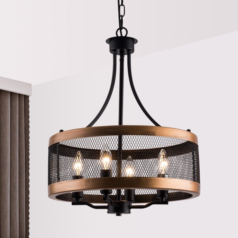 4-Light Farmhouse Chandelier, Rustic Candle Ceiling Hanging Light Fixture with Round Metal Shade