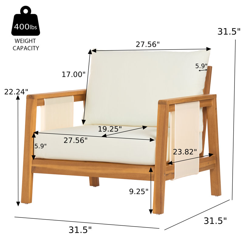 Fauteuil club d'extérieur en bois d'acacia Calera Modern Coastal, 1, Coussin beige / structure en teck