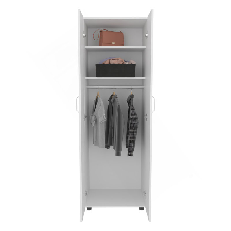 Armoire Aurora, deux tablettes intérieures, tringle, double porte, rangement pour vêtements et chambre à coucher, blanc