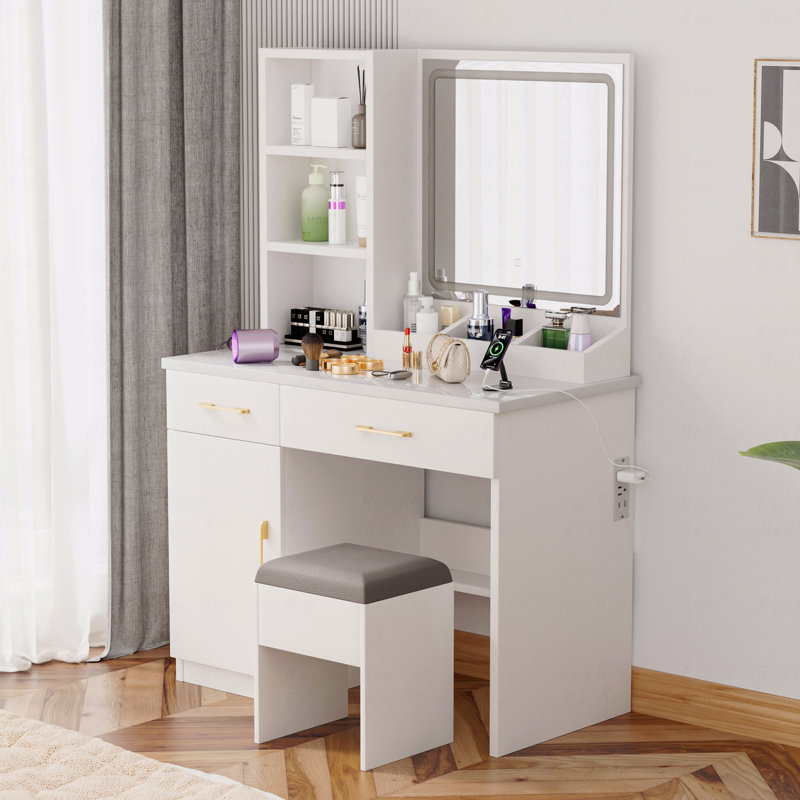 Meuble-lavabo de 32 po de large avec miroir éclairé et prise de courant, coiffeuse (coiffeuse) avec grand espace de rangement et tabouret et studio rembourrés, pour la chambre à coucher