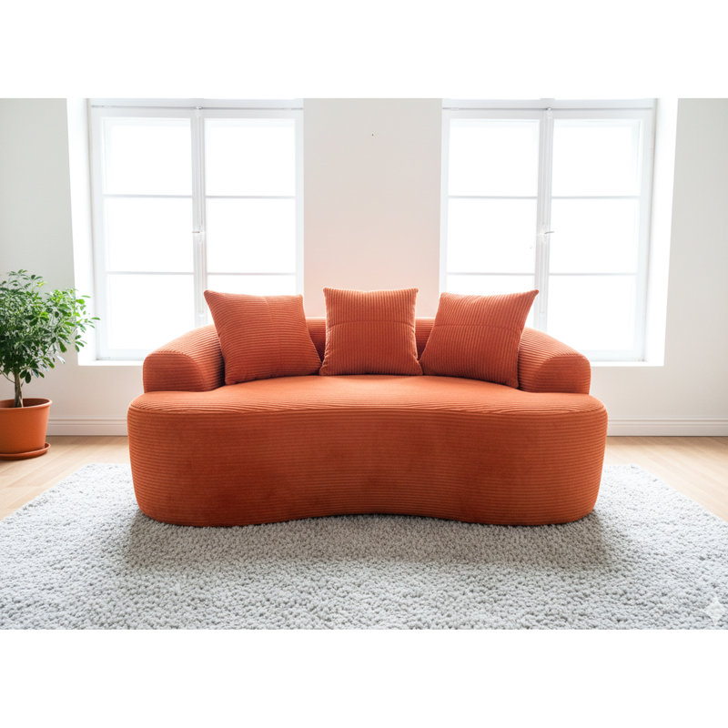 Rouge orange incurvé 65,55 po, coussins à ressorts ensachés, 3 coussins décoratifs, sièges moelleux pour chambre orange, sans assemblage, convient aux petits espaces