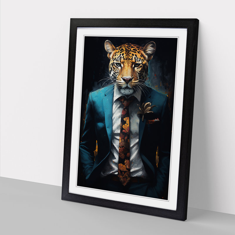 Leopard In A Suit Painting No.4 - Single Picture Frame Print on Wood, 34cm H x 25cm W x 2cm D, Black Framed