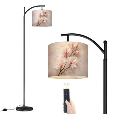 Arc Floor Lamp Delicate Magnolia Branch Soft Pink Blooms Petals Floor Lamps with Remote LED Lights Adjustable Lamp Shades Tall Standing Lamps for Reading Office Living Room