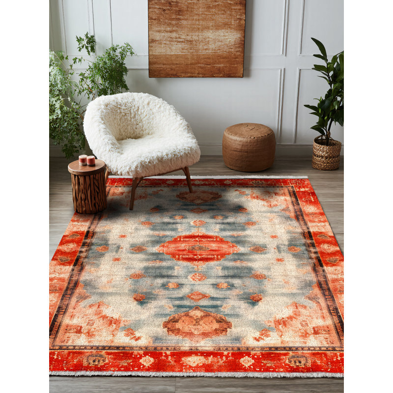 Larissa Collection Digital Print Cotton-Polyester Blend Rug – Rust Red, Runner 5'3" x 13'2"