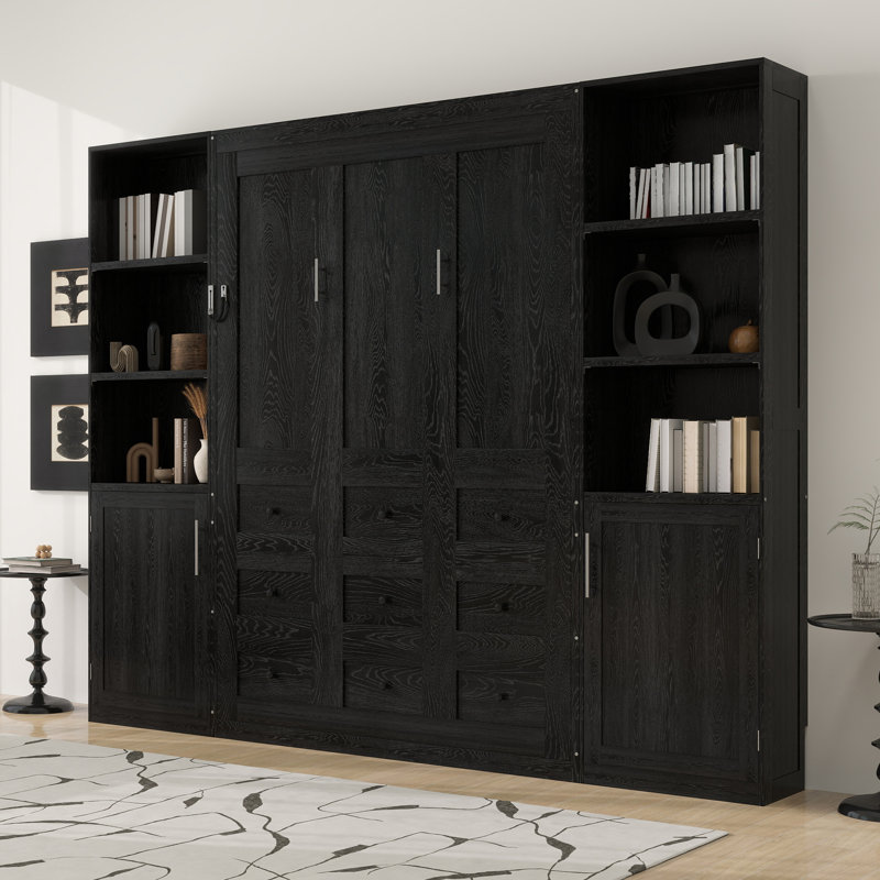 Lit escamotable en bois avec tablettes et armoires de rangement, Noir