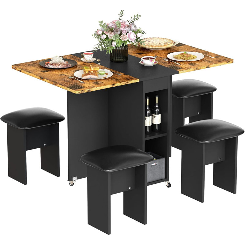 Ensemble de table de salle à manger pliable pour 4 personnes, table de salle à manger à abattants avec 4 chaises rembourrées et 2 tablettes, table de cuisine pliable peu encombrante avec 6 roulettes pour les petits espaces,