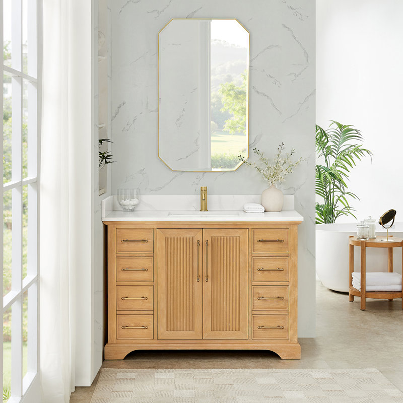 Epworth 48" Single Bath Vanity in Oak Natural Brown with Silk White Quartz Stone Top, Oak Natural Brown