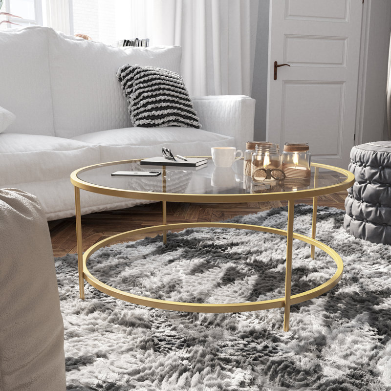 Moder Round Glass Coffee Table with Metal Frame