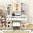 Vanity Table with LED Lighted Mirror, RGB Glass Cabinets, Drawers, Shelves, Power Outlets and Stool-1543539548