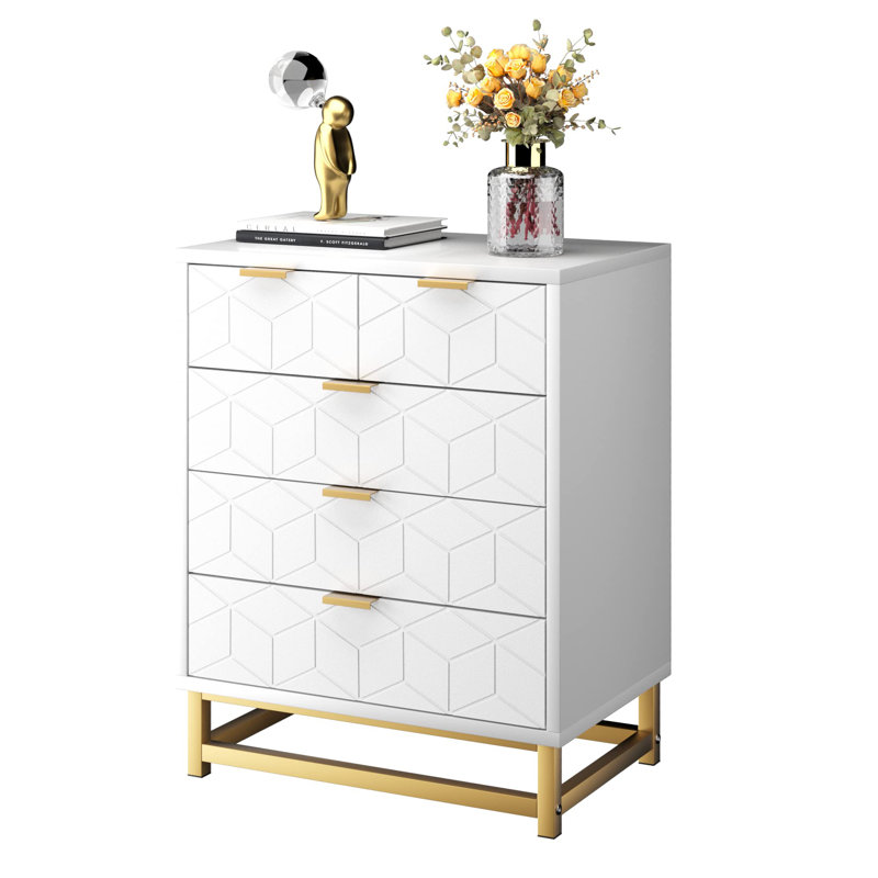 Commode 5 tiroirs L 23,6 po Latawn, Blanc / Doré