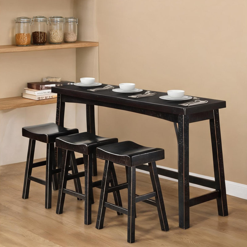 Ensemble de salle à manger à hauteur de comptoir avec 3 tabourets, bois d'hévéa massif, finition noir de jais, table rectangulaire 72 po x 18 po