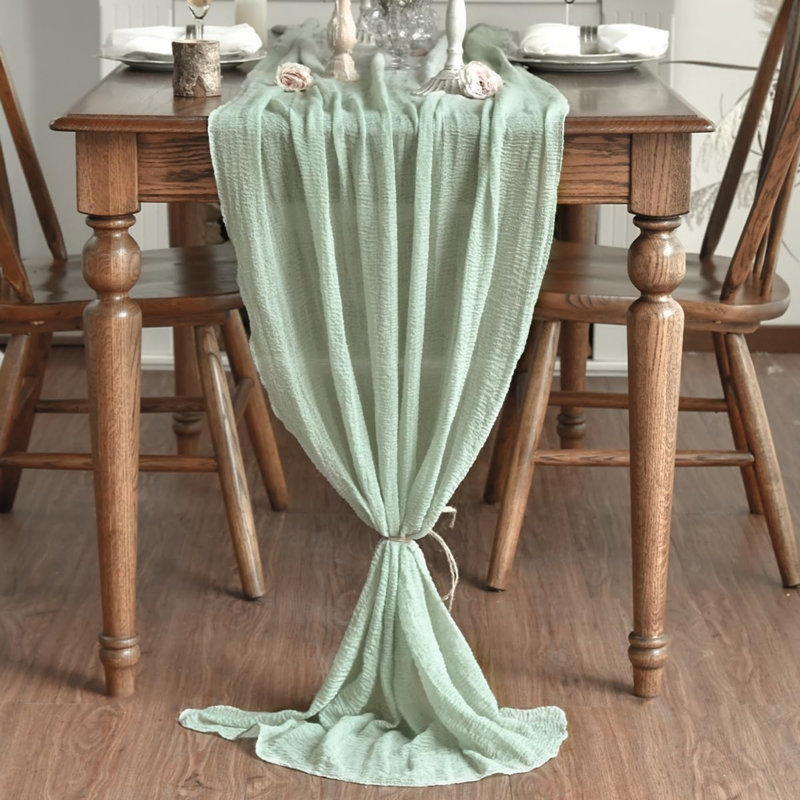 Sage Green 2PCS Boho Gauze Cheesecloth Table Runner 300 cm | Seasonal Spring Bridal Fabric Kitchen Dining Wedding Holiday Table Decor for Home Party