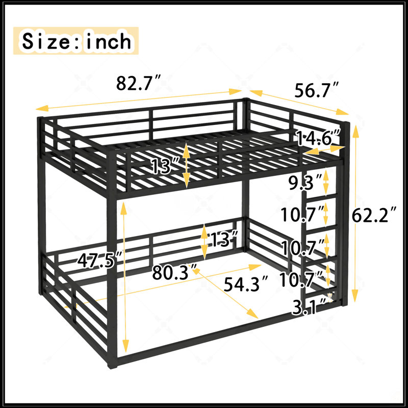 Full XL Over Full XL Metal Bunk Bed Frame, Heavy-Duty Design With Noise-Reduced Joints For Kids, Teens, And Adults
