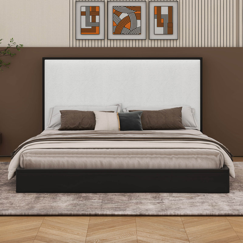 Structure de lit plateforme Mid-Century avec tête de lit tapissier Boucle, lit à profil bas en bois massif, Grand lit, Noir