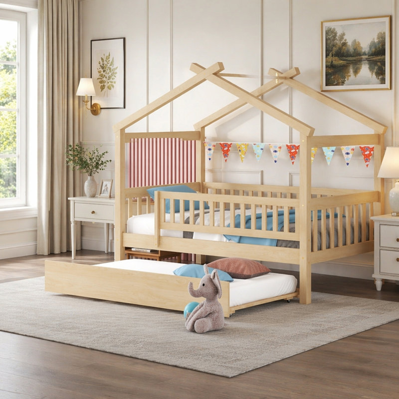 Lit simple en bois avec lit gigogne simple, noyer (ANCIEN SKU: WF302178AAN)