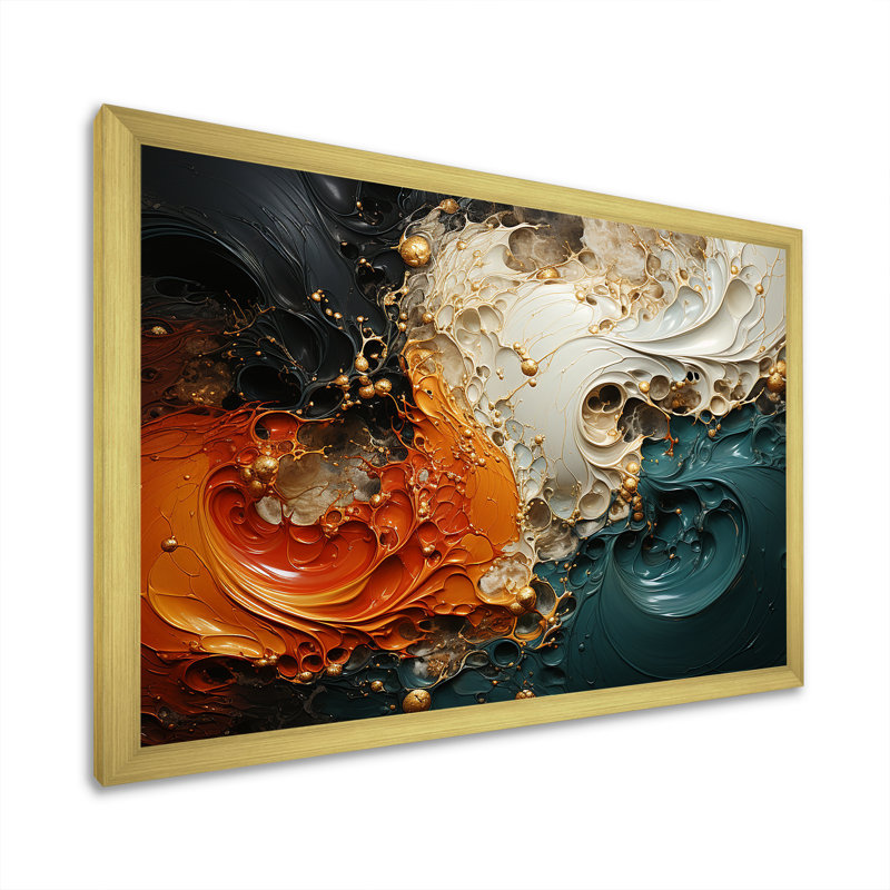 Orange et émeraude marbre lave V - art mural abstrait, Cadre doré à coins fermés, H 16 po x l 32 po x P 1 po