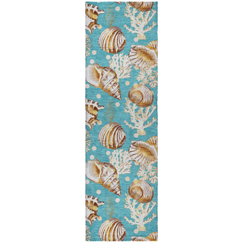 Premium Machine Washable Dream Shag ADS185 Shells Rug, Aqua, 2'3" x 7'6" Runner